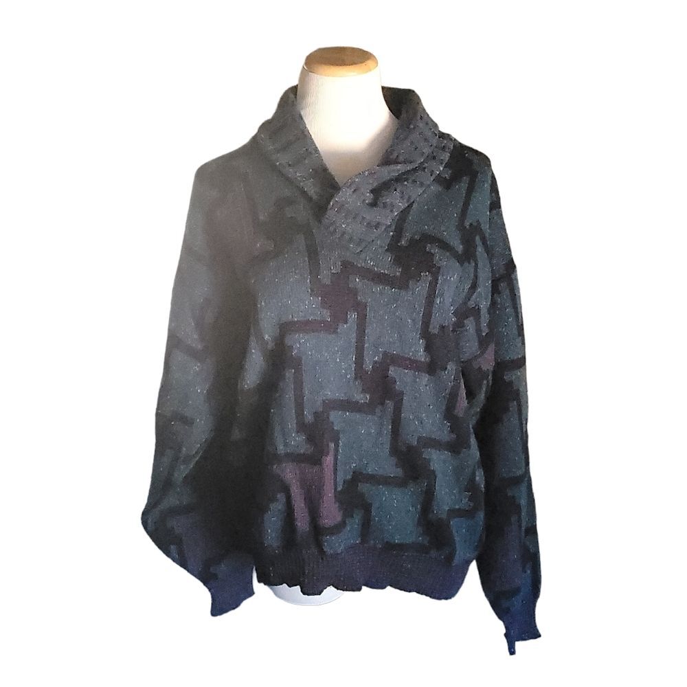 Vintage Blue Knit Unisex 80s Grunge Pullover Ribbed Collar Sweater By Mac Pit